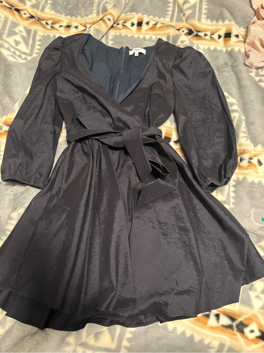 Likely Navy Puff-Sleeve Wrap Mini Dress
